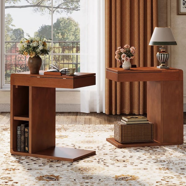 Kerlin 23.6 in. Walnut C-Shaped Wood End Table (Set of 2), Farmhouse Side Table with Adjustable Top