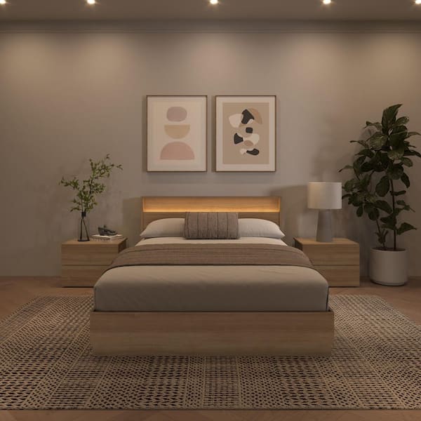 Hudson 4-Piece Brown Oak Wood Composite Queen Size Bedroom Set with Lighted Headboard