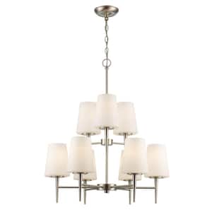 Horizon 9-Light Brushed Nickel Hanging Tiered Chandelier Light Fixture with Frosted Glass Shades
