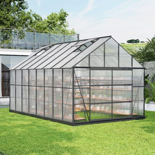 16 ft. x 10 ft. Outdoor Aluminum Polycarbonate Walk-in Greenhouse With Ventilation and Rain Gutter for Backyard, Garden