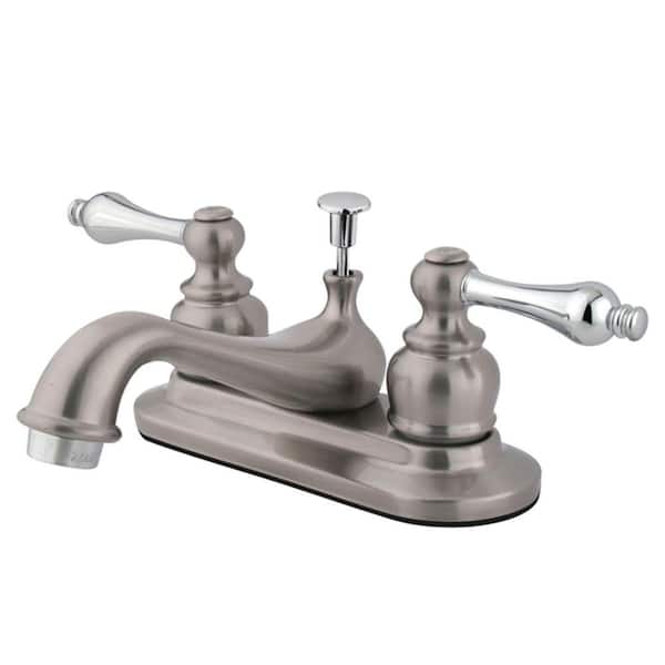 Kingston Brass Restoration 4 in. Centerset 2-Handle Bathroom Faucet with Plastic Pop-Up in Brushed Nickel/Polished Chrome