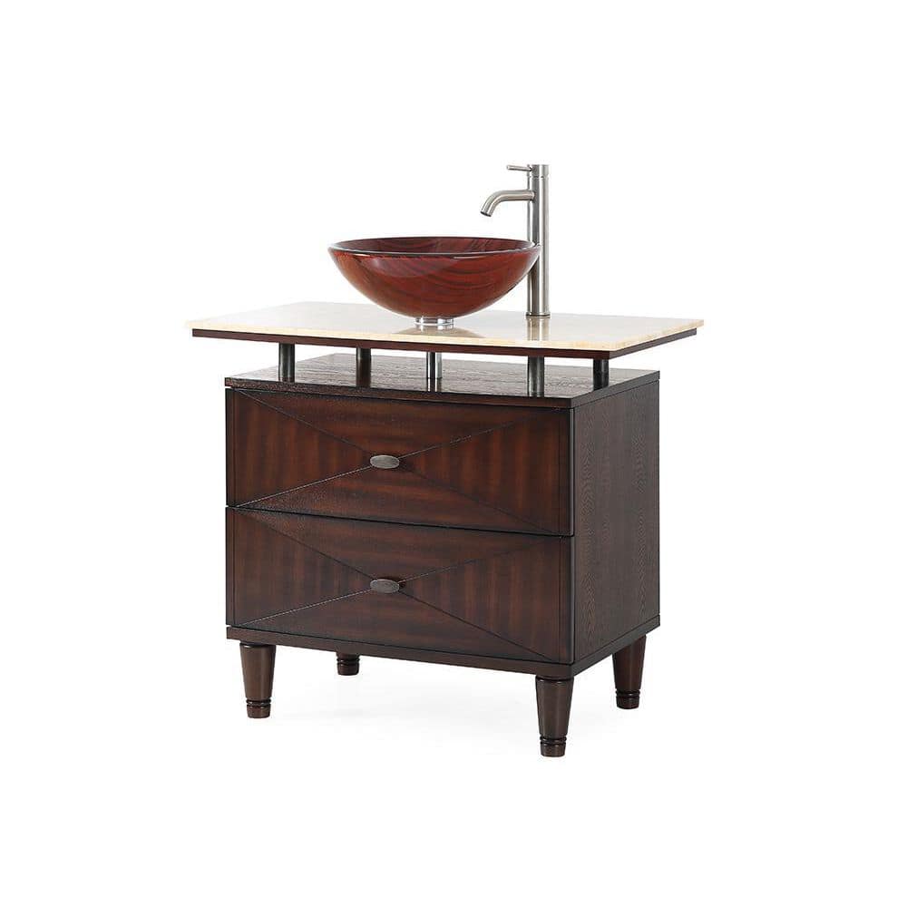 Valentina 36'' Medium Brown Birch Wood Vessel Sink Vanity with Marble Top
