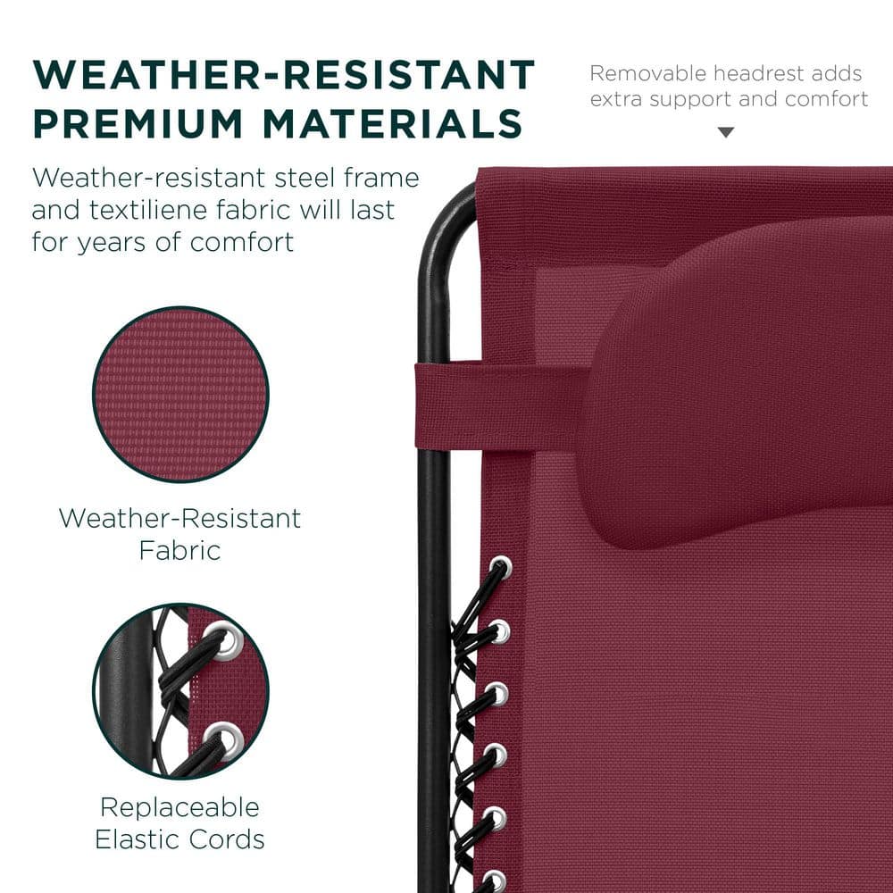 Oversized Burgundy Steel Zero Gravity Outdoor Lounger with Cushion