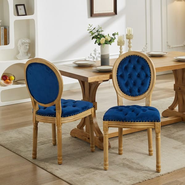 Blue French Style Antique Painting Velvet Dining Chair with Nailhead Trim, Solid Wood Frame, Set of 2