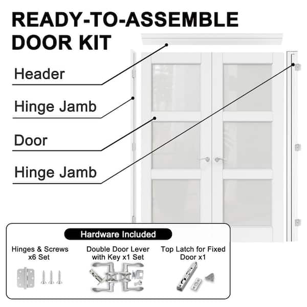 60 in. x 80 in. Universal Handed 3-Lite Frosted Glass White Solid Core MDF French Door with Quick Assemble Jamb