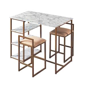 Marmo 3-Piece Faux Marble and Brass Breakfast Table Set with 2-Stools and Storage