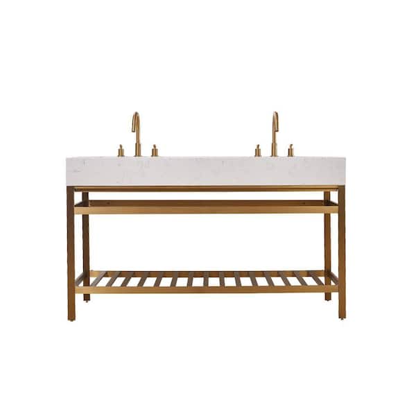 Altair Merano 60 in. W x 22 in. D x 35 in. H Bath Vanity in Brushed Gold with White Composite Stone Top