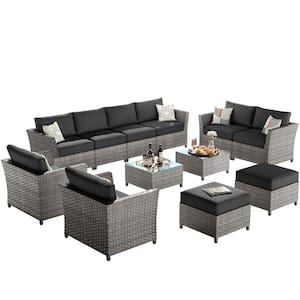 Huron Gorden Brown 12-Piece Wicker Outdoor Patio Conversation Sectional Sofa Set with Black Cushions