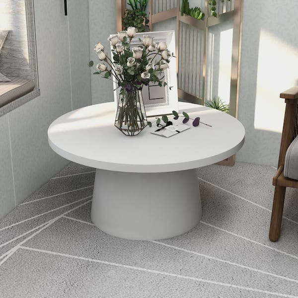 Leisuremod Dune Round Side Table with Pedestal Base End Table in Fiberstone Modern Accent Table for Indoor and Outdoor in White