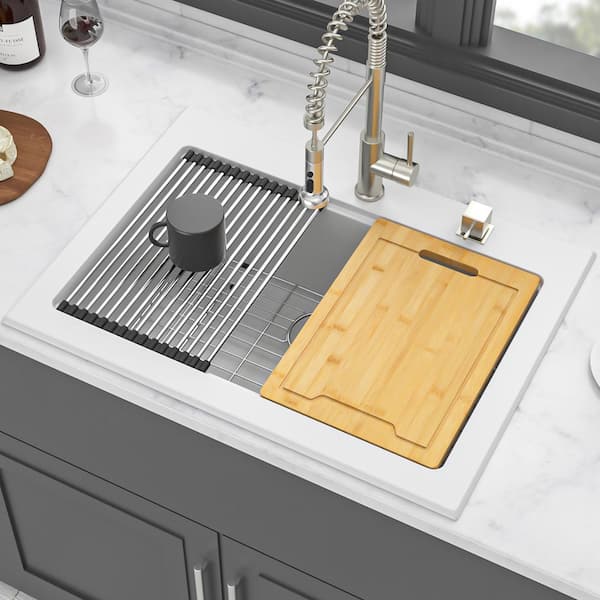 30 in. Drop-In Single Bowl White Quartz Kitchen Sink with Workstation