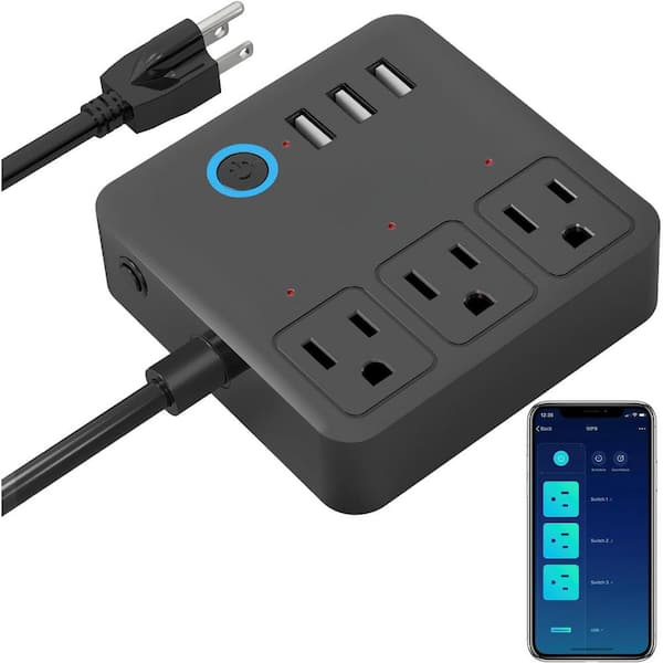 3-Outlet Smart Power Strip with 3 USB Ports and 4 ft. Cord-Multi-Plug Extender Flat Plug in Black