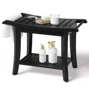 13.4 in. D x 24 in. W x 18.5 in. H Black Bathroom Bamboo Shower Bench Seat with Storage Shelf