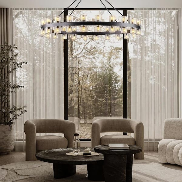 48-Light Black Round Chandelier, 48 in. Modern K9 Crystal Chandelier for Dining Room, Living Room, Foyer