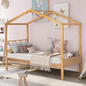 Natural Twin Size House Bed for Kids Wooden Platform Bed Frame with Headboard and Storage Space for Girls Boys