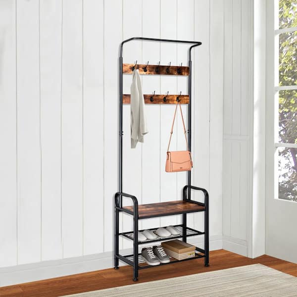 Winado 3-in-1 Rustic Brown Coat Rack Hall Tree Entryway Storage Shelf with Shoe Bench