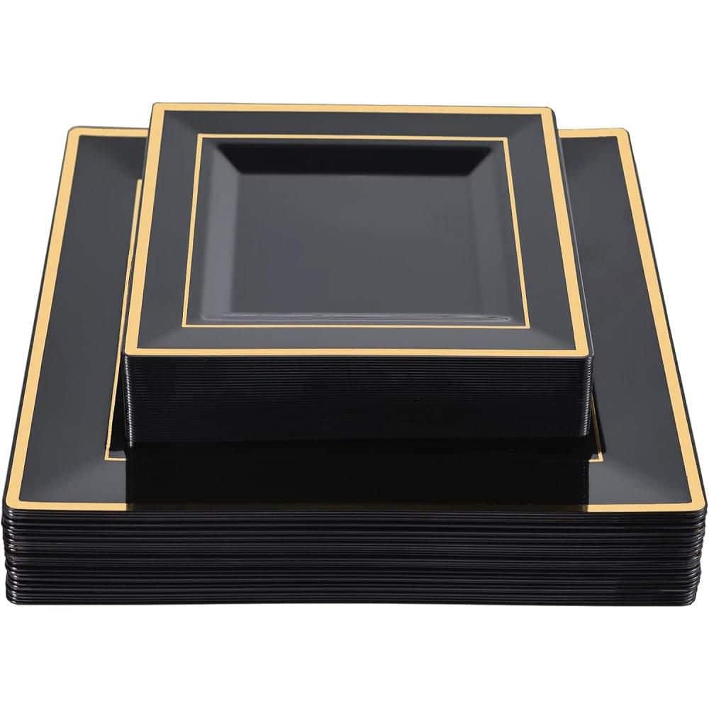 Anqtovp 60-Pack Black Square Plastic Plates with Gold Rim, 30 ...