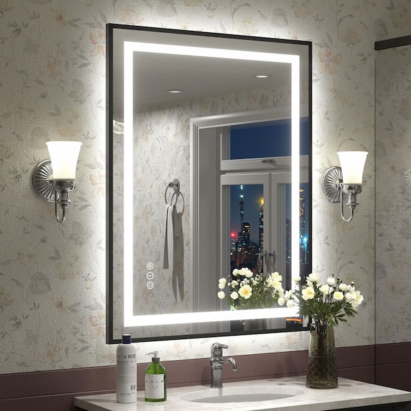 28 in. W x 36 in. H Rectangular Framed Front and Back LED Lighted Anti-Fog Wall Bathroom Vanity Mirror in Tempered Glass
