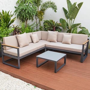 Chelsea Modern Black 3-Piece Patio Sectional Seating Set With Adjustable Headrest & Coffee Table With Beige Cushions