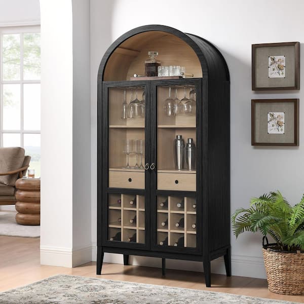 Nolan 20 Bottles Arched Bar Cabinet in Black Oak