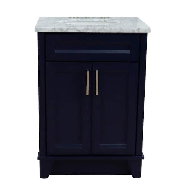 Bellaterra Home 25 in. W x 22 in. D Single Bath Vanity in Blue with Marble Vanity Top in White Carrara with White Oval Basin