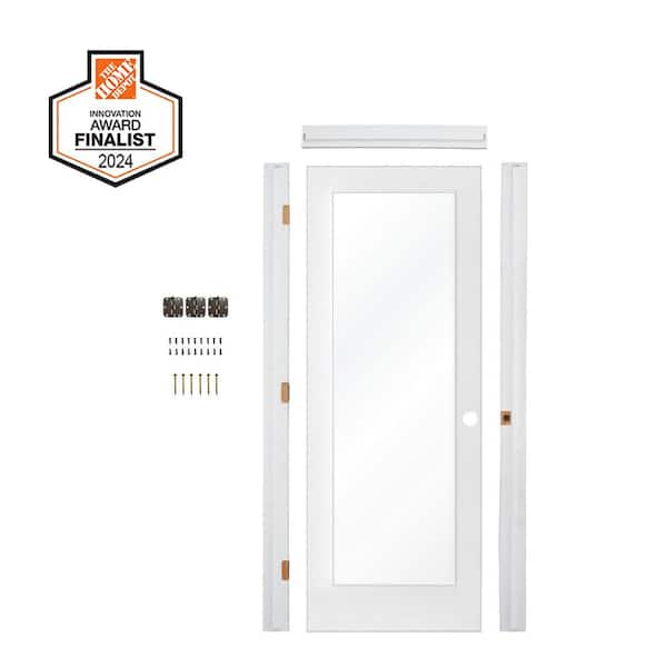 DIY 28 in. x 80 in. 1-Lite Left-Hand Clear Glass Solid Core MDF Primed Single Interior Door Kit w/ Quick Assemble Jamb