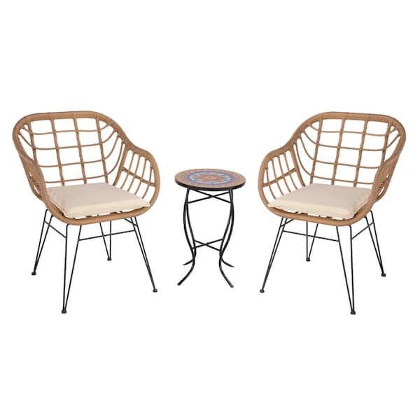 Zeus & Ruta Natural 3-Piece PE Wicker Patio Outdoor Bistro Sets with Beige Cushions 2 Chairs and Coffee Table for Backyard