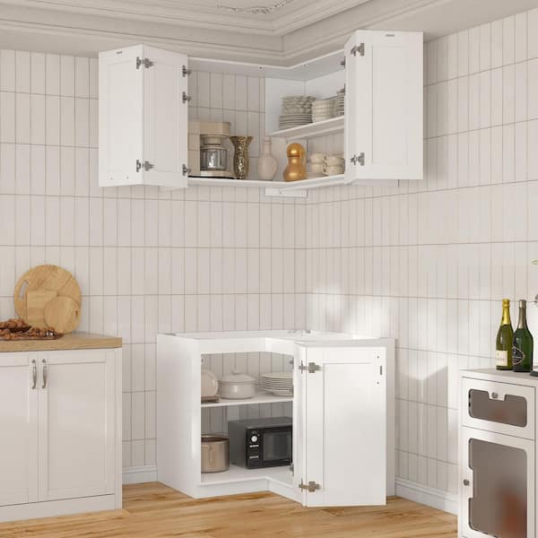 40 in. W x 24.2 in. D x 34.6 in. H Ready-to-Assemble Wood Upper & Base Corner Kitchen Cabinet Set in White Finish