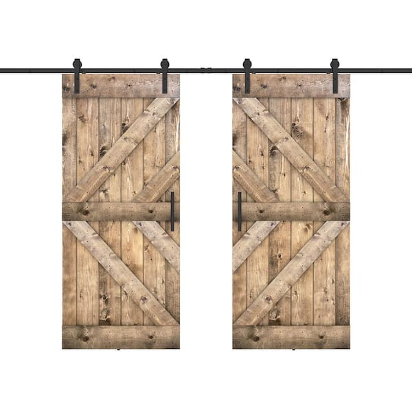 Dessliy Double KL 48 in. x 84 in. Dark Walnut Finished Pine Wood Sliding Barn Door with Hardware Kit (DIY)
