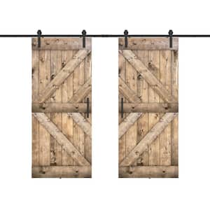 Double KL 48 in. x 84 in. Fully Set Up Dark Walnut Finished Pine Wood Sliding Barn Door with Hardware Kit