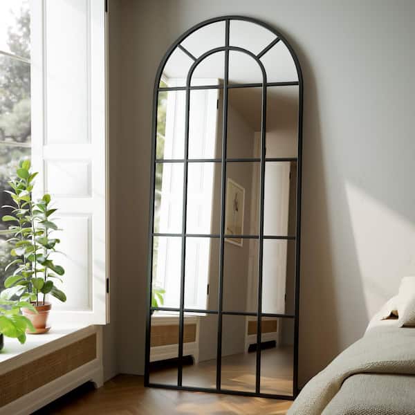 Black 30 in. W x 71 in. H Arched Windowpane Modern Aluminum Alloy Framed Full Length Mirror Floor Mirror