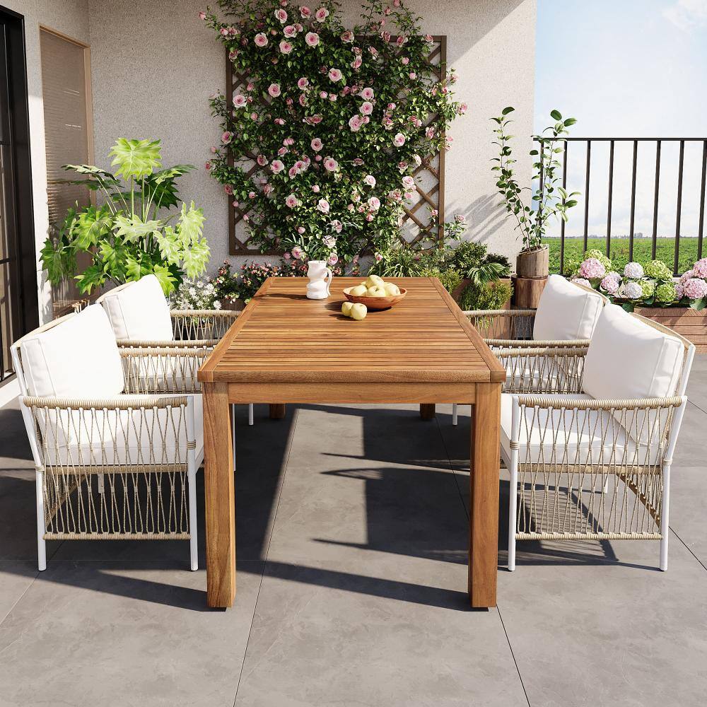 5-Piece Natural Wood Outdoor Dining Set with White Cushions price history on PriceWatchPro