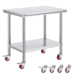 Stainless Steel Work Table Commercial Kitchen Prep Table 36 in. x 24 in. with 4 Wheels Heavy Duty Work Table