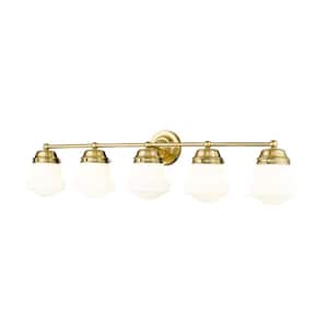 Vaughn 40.75 in. 5-Light Luxe Gold Vanity-Light with Matte Opal Glass Shade with No Bulbs Included