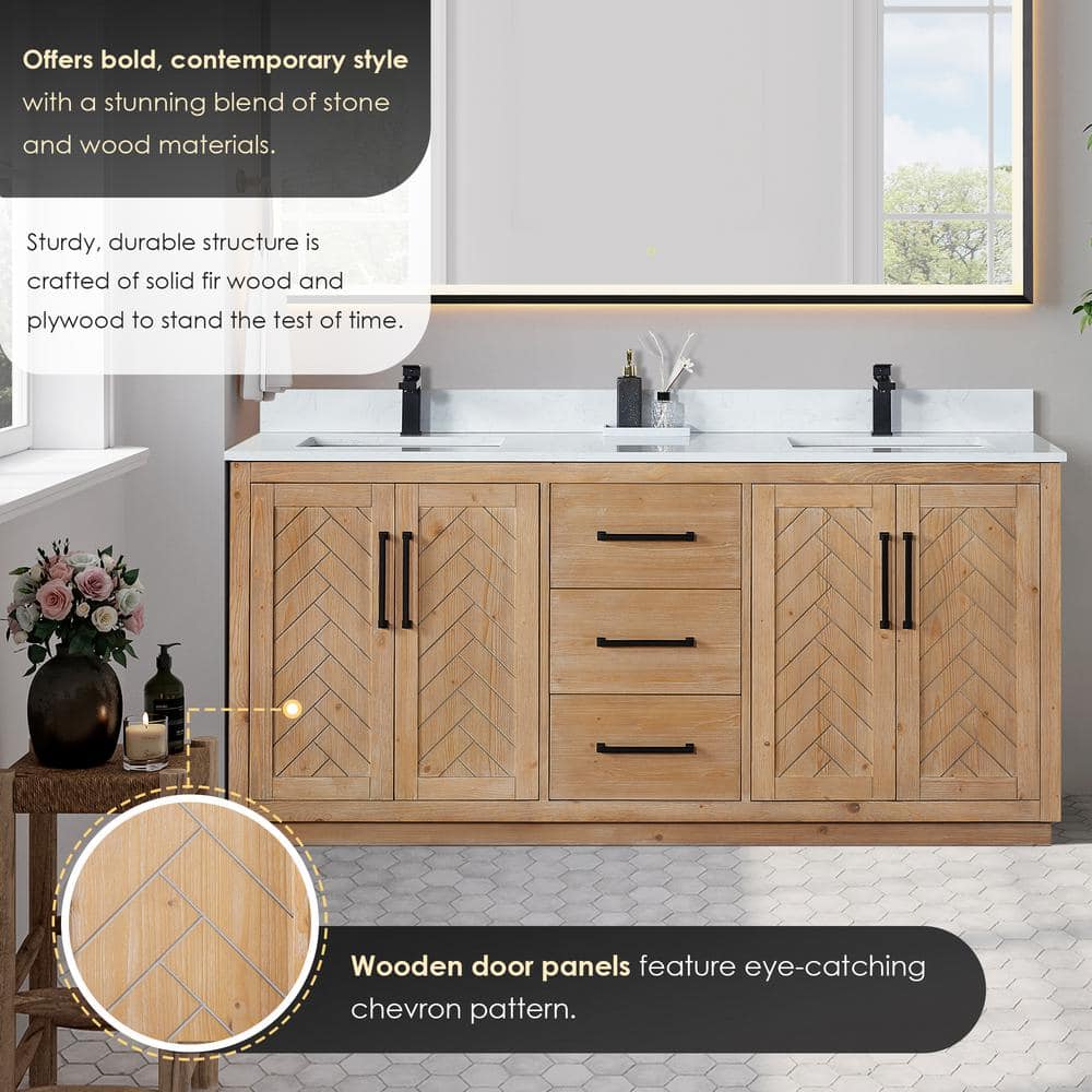 Anais 72" Light Brown Fir Wood Vanity with White Stone Top and Mirror