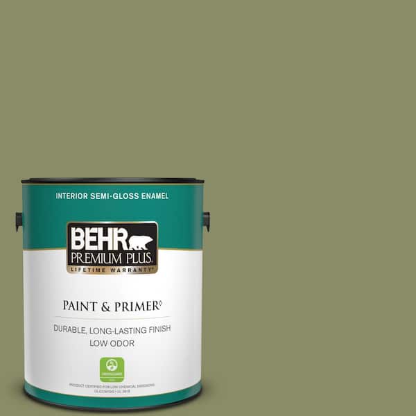 BEHR PREMIUM PLUS 1 gal. #S370-5 Pesto Paste Semi-Gloss Enamel Low Odor Interior Paint & Primer