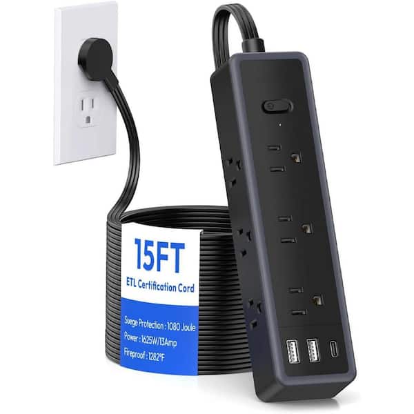 9-Outlet Surge Protector Power Strip with USB Port, Flat Extension Cord 15 ft. in Black