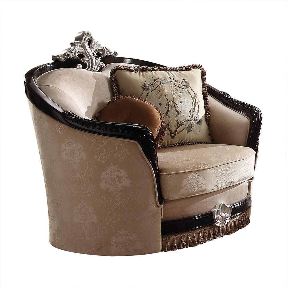 Ernestine Tan Fabric and Black Wood Traditional Chair with Pillows
