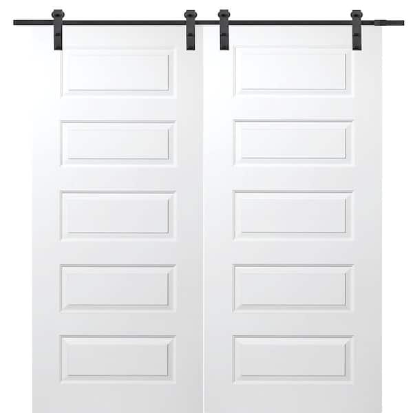 MMI Door 60 in. x 80 in. Primed Composite Rockport Smooth Surface Solid Core Double Sliding Barn Door with Hardware Kit