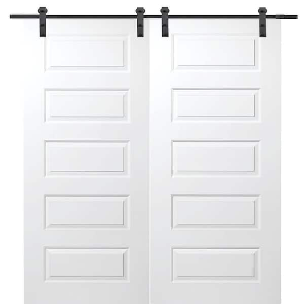 72 in. x 80 in. Primed Rockport Smooth Surface Solid Core Double Door with Barn Door Hardware Kit