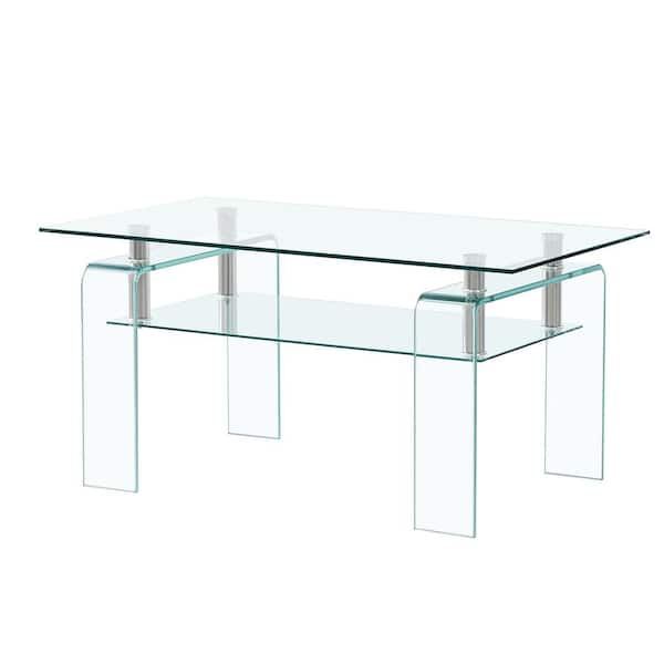 Zeus & Ruta 40 in. Clear Tempered Glass Coffee Table, 2-Layers Coffee Table with Clear Legs for Living Room