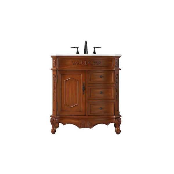 32 in. Single Sink Freestanding Teak Bath Vanity with Ivory White Engineered Marble Top