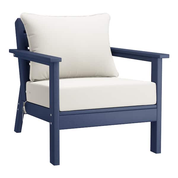 WESTIN OUTDOOR Birchwood Outdoor Patio Deep Seating HDPE Plastic Lounge Chair in Navy Blue with White Cushions