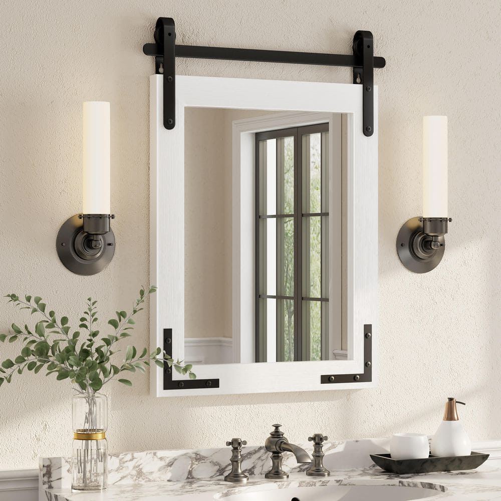 22 in. W x 30 in. H Rectangular Rustic Farmhouse Solid Wood Framed & Tempered Glass Wall Bathroom Vanity Mirror in White price history on PriceWatchPro