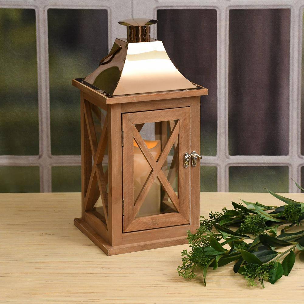 Natural Wood Hanging Lantern with Copper Roof and LED Candle