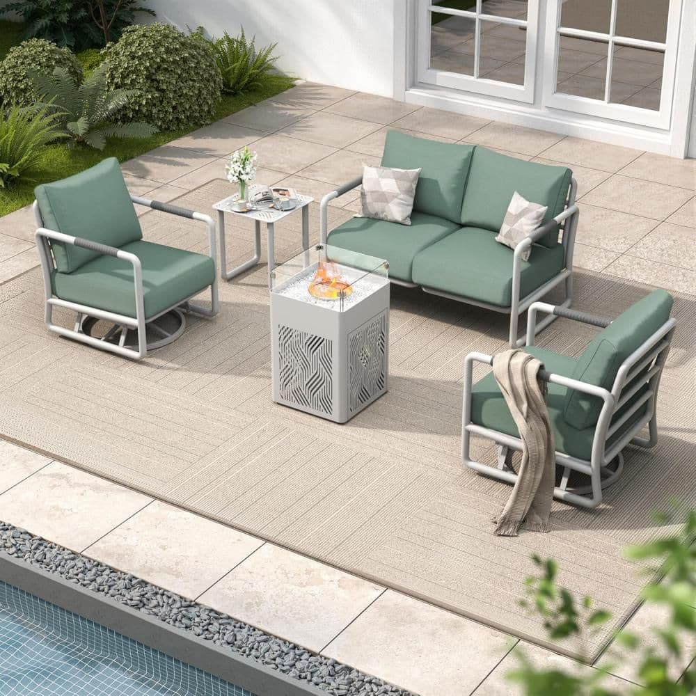 5 Pieces 4-Seats Patio Conversation Sofa Set with 2 Swivel Rocking Chairs and 45,000 BTU Fire Pit Table, White price history on PriceWatchPro