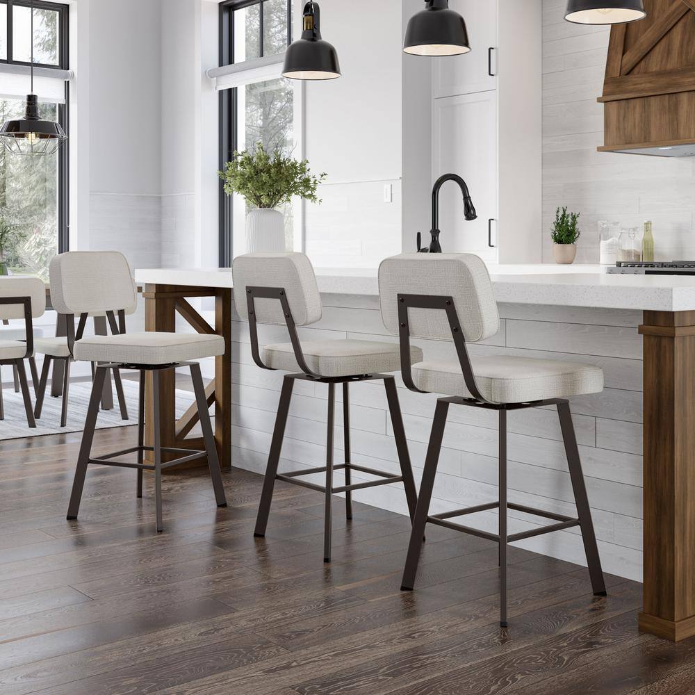 Amisco Clarkson Pale Gray Upholstered Swivel Bar Stool with Dark Brown Metal Base