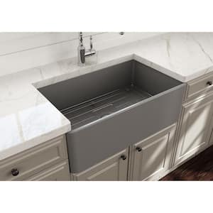 Classico Farmhouse Apron Front Fireclay 30 in. Single Bowl Kitchen Sink with Bottom Grid and Strainer in Matte Gray