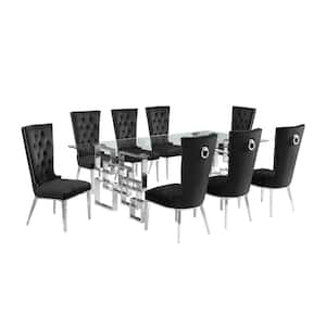 Dominga 9-Piece Rectangular Glass Top Stainless Steel Base Dining Set Seat Capacity 8 Black Velvet Fabric