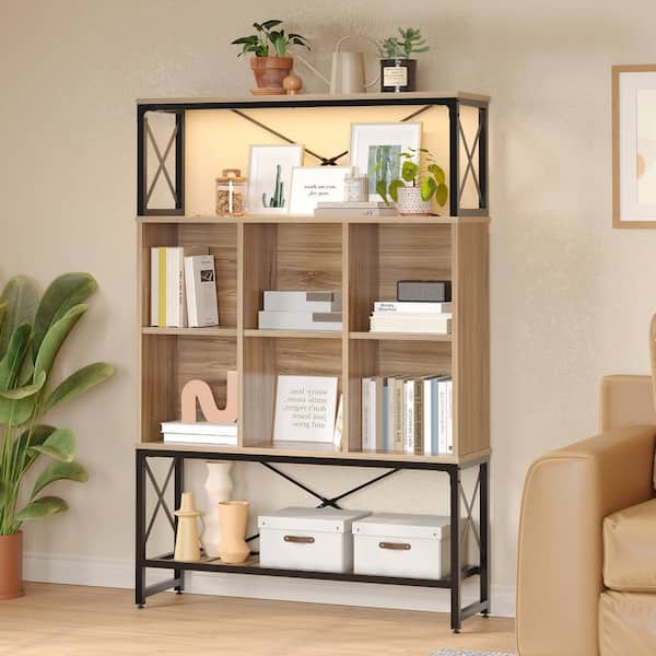 Bestier 63.78 in. Tall Natural Particle Board Industrial Style 5-Shelf LED Accent Bookcase with Cube