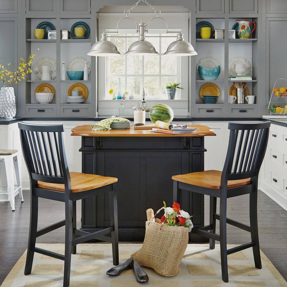 Black and Distressed Oak Kitchen Island with Drop Leaf